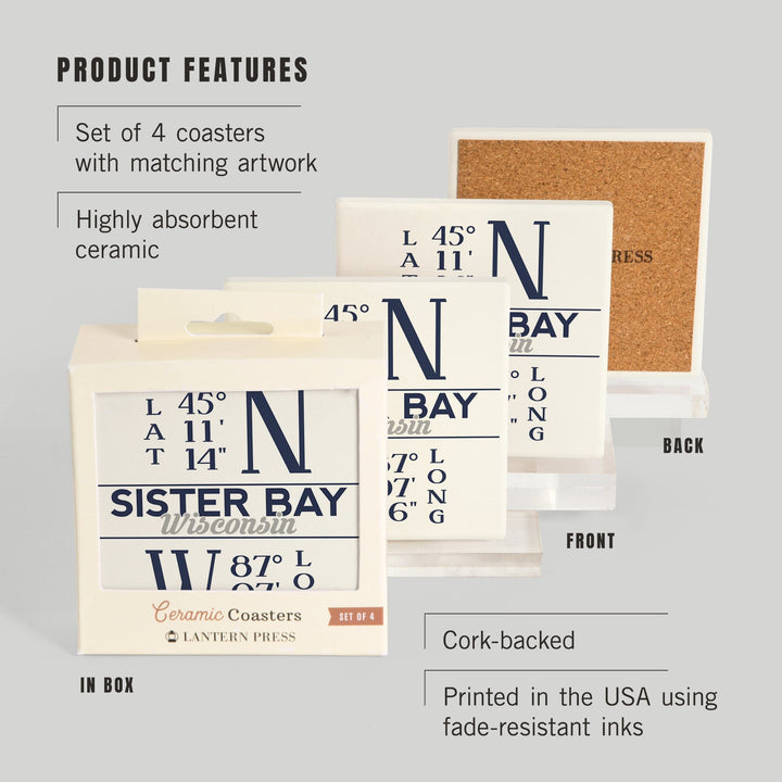 Sister Bay, Wisconsin, Latitude & Longitude, Lantern Press Artwork, Coaster Set Coasters Lantern Press 