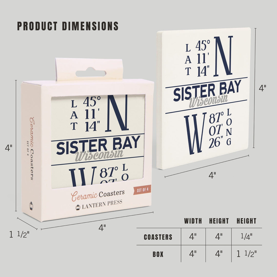 Sister Bay, Wisconsin, Latitude & Longitude, Lantern Press Artwork, Coaster Set Coasters Lantern Press 