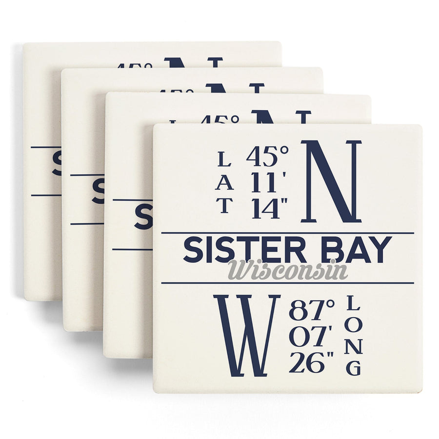 Sister Bay, Wisconsin, Latitude & Longitude, Lantern Press Artwork, Coaster Set Coasters Lantern Press 