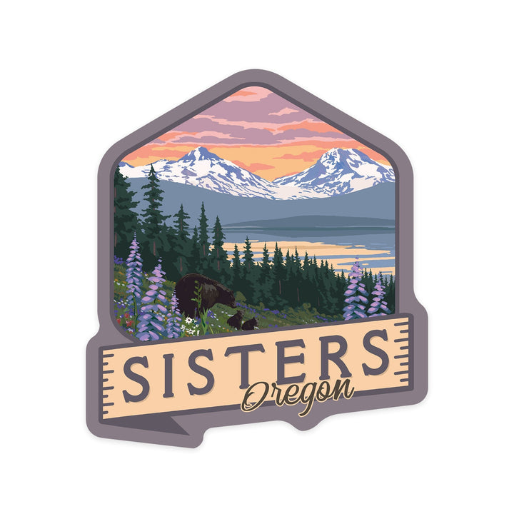 Sisters, Oregon, Bear and Spring Flowers, Contour, Vinyl Sticker Sticker Lantern Press 