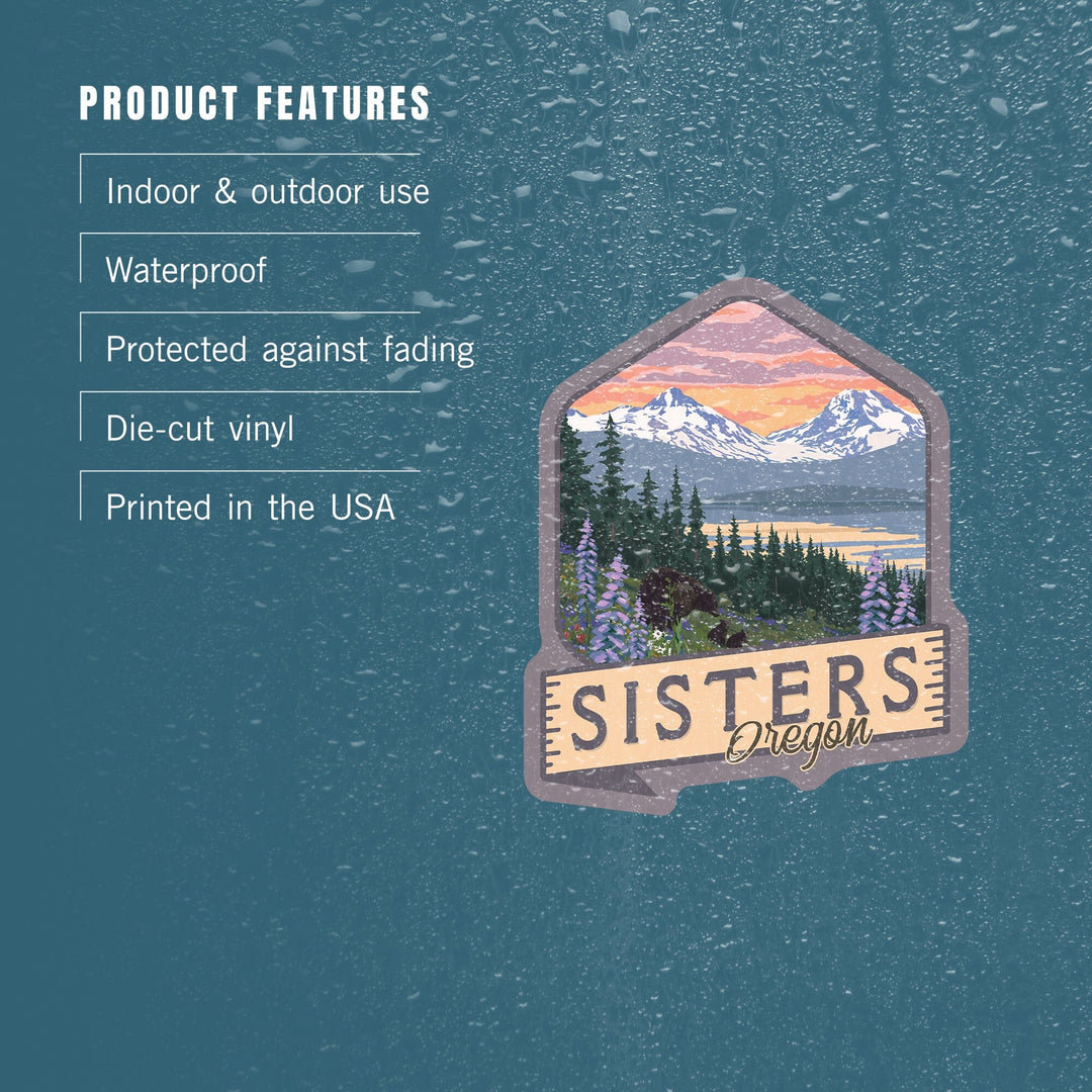 Sisters, Oregon, Bear and Spring Flowers, Contour, Vinyl Sticker Sticker Lantern Press 