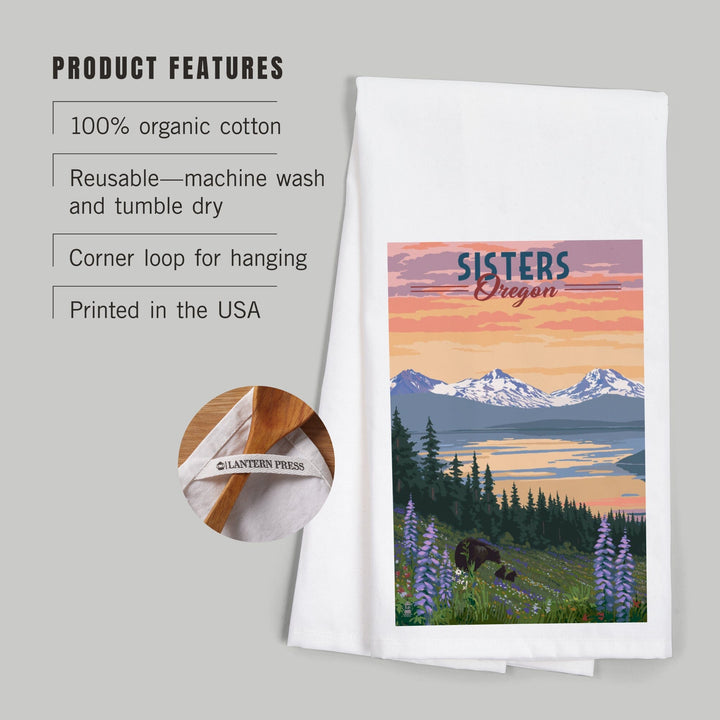 Sisters, Oregon, Bear and Spring Flowers, Organic Cotton Kitchen Tea Towels Kitchen Lantern Press 