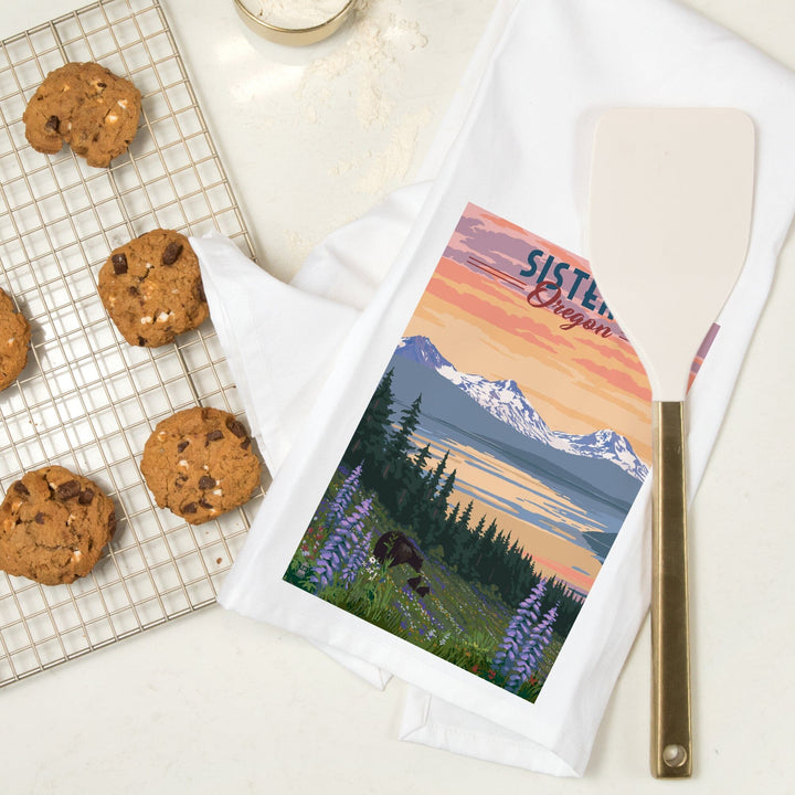 Sisters, Oregon, Bear and Spring Flowers, Organic Cotton Kitchen Tea Towels Kitchen Lantern Press 