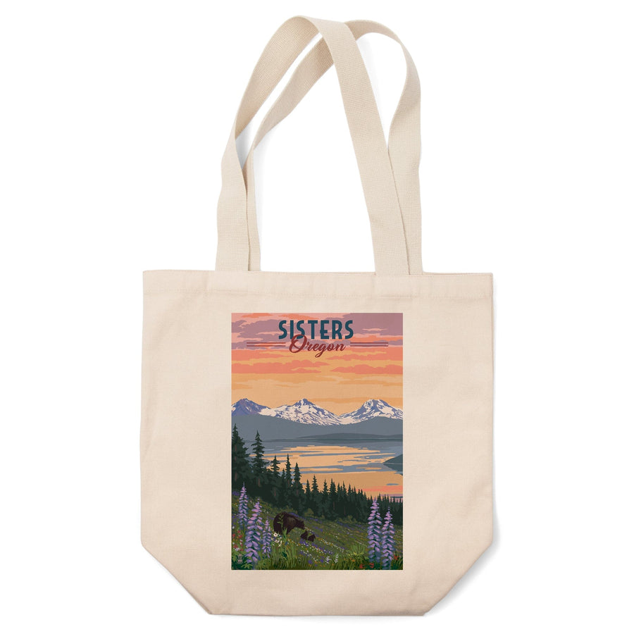 Sisters, Oregon, Bear & Spring Flowers, Lantern Press Artwork, Tote Bag Totes Lantern Press 