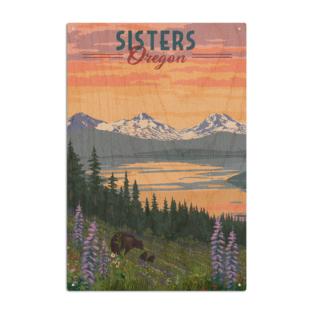 Sisters, Oregon, Bear & Spring Flowers, Lantern Press Artwork, Wood Signs and Postcards Wood Lantern Press 10 x 15 Wood Sign 