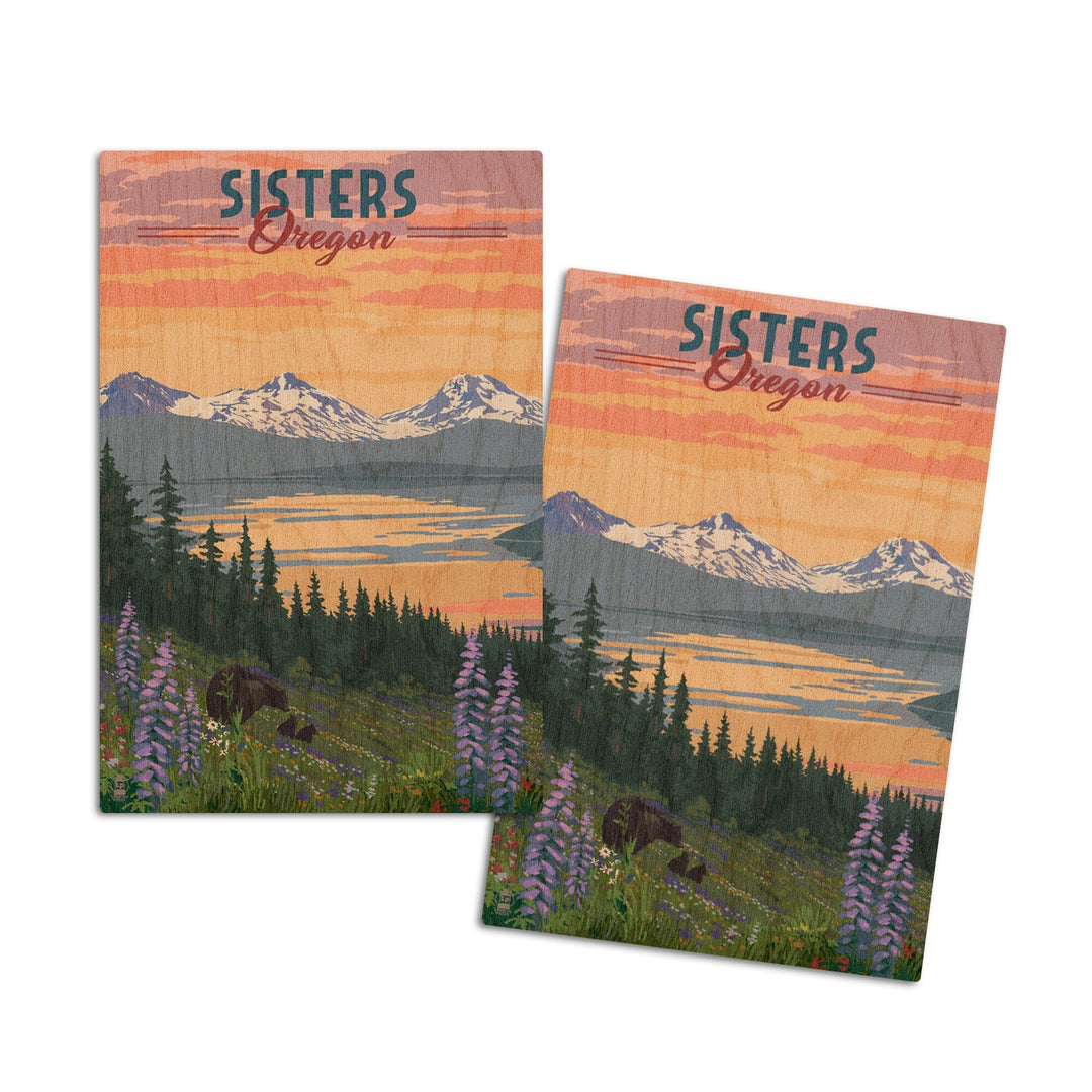 Sisters, Oregon, Bear & Spring Flowers, Lantern Press Artwork, Wood Signs and Postcards Wood Lantern Press 4x6 Wood Postcard Set 