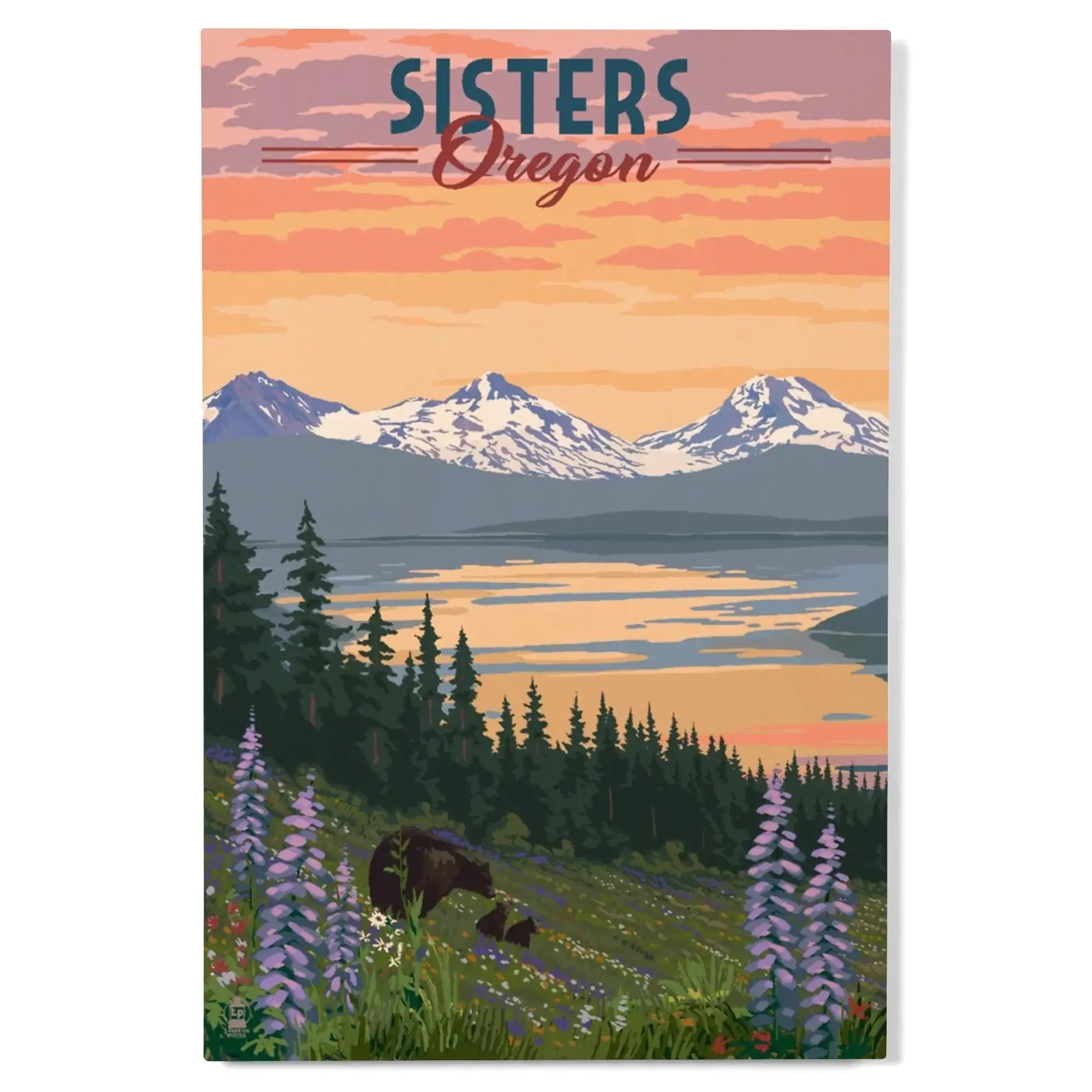 Sisters, Oregon, Bear & Spring Flowers, Lantern Press Artwork wood
