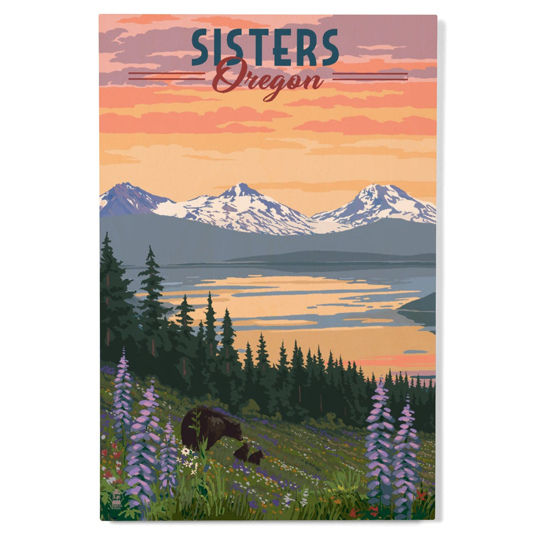Sisters, Oregon, Bear & Spring Flowers, Lantern Press Artwork, Wood Signs and Postcards Wood Lantern Press 