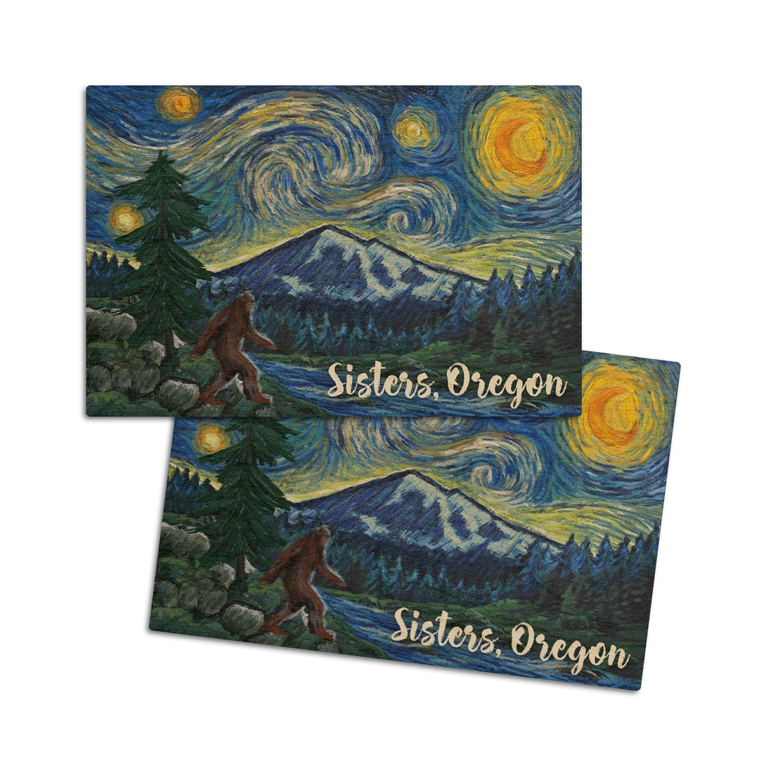 Sisters, Oregon, Bigfoot, Starry NIght, Lantern Press Artwork, Wood Signs and Postcards Wood Lantern Press 4x6 Wood Postcard Set 