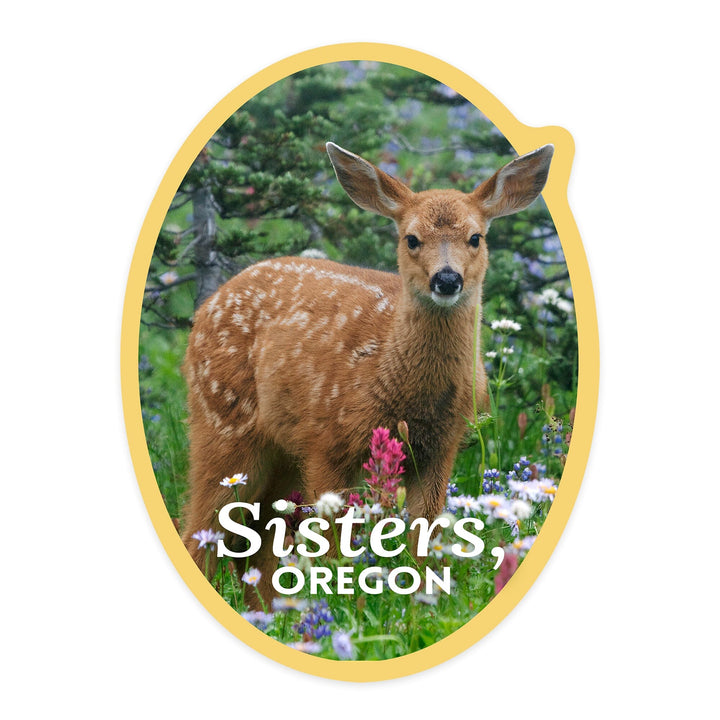 Sisters, Oregon, Deer Fawn and Wildflowers, Contour, Vinyl Sticker Sticker Lantern Press 