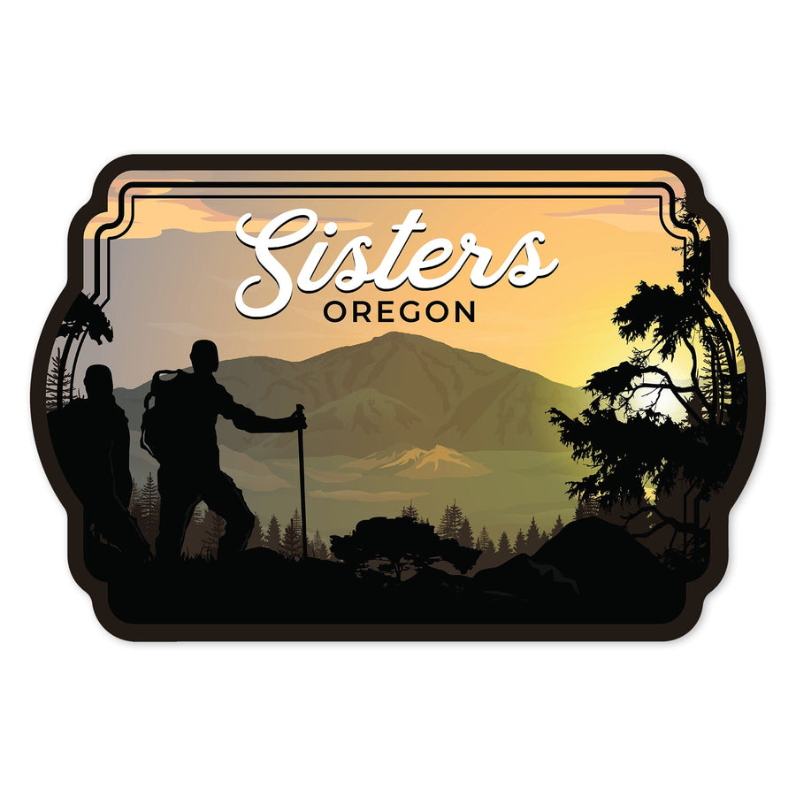 Sisters, Oregon, Hikers and Sunset, Contour, Vinyl Sticker Sticker Lantern Press 