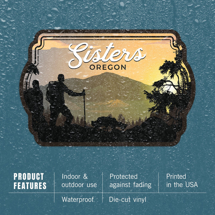 Sisters, Oregon, Hikers and Sunset, Contour, Vinyl Sticker Sticker Lantern Press 