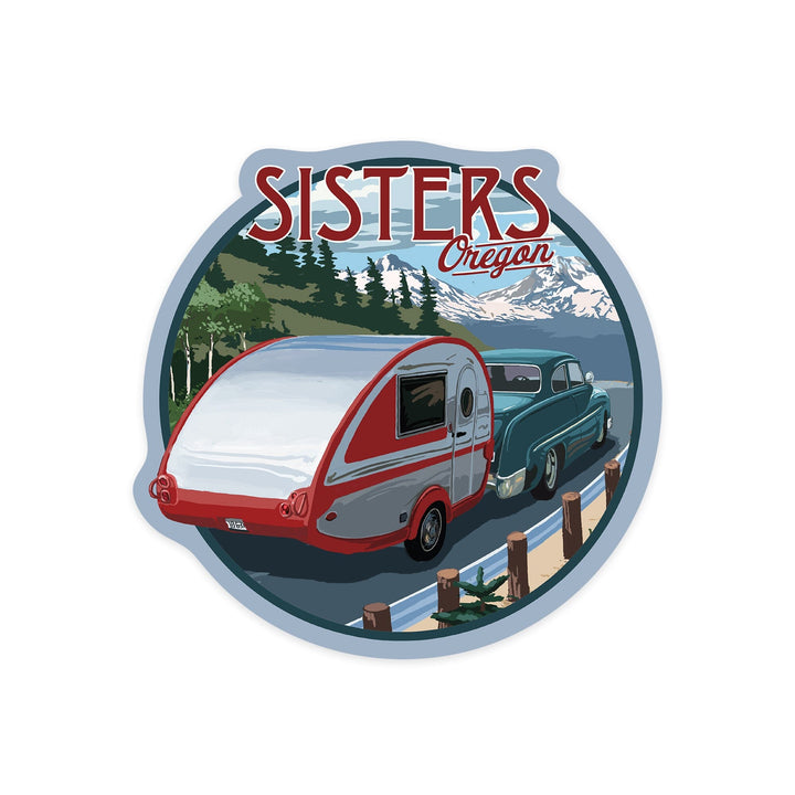 Sisters, Oregon, Retro Camper on Road, Contour, Vinyl Sticker Sticker Lantern Press 