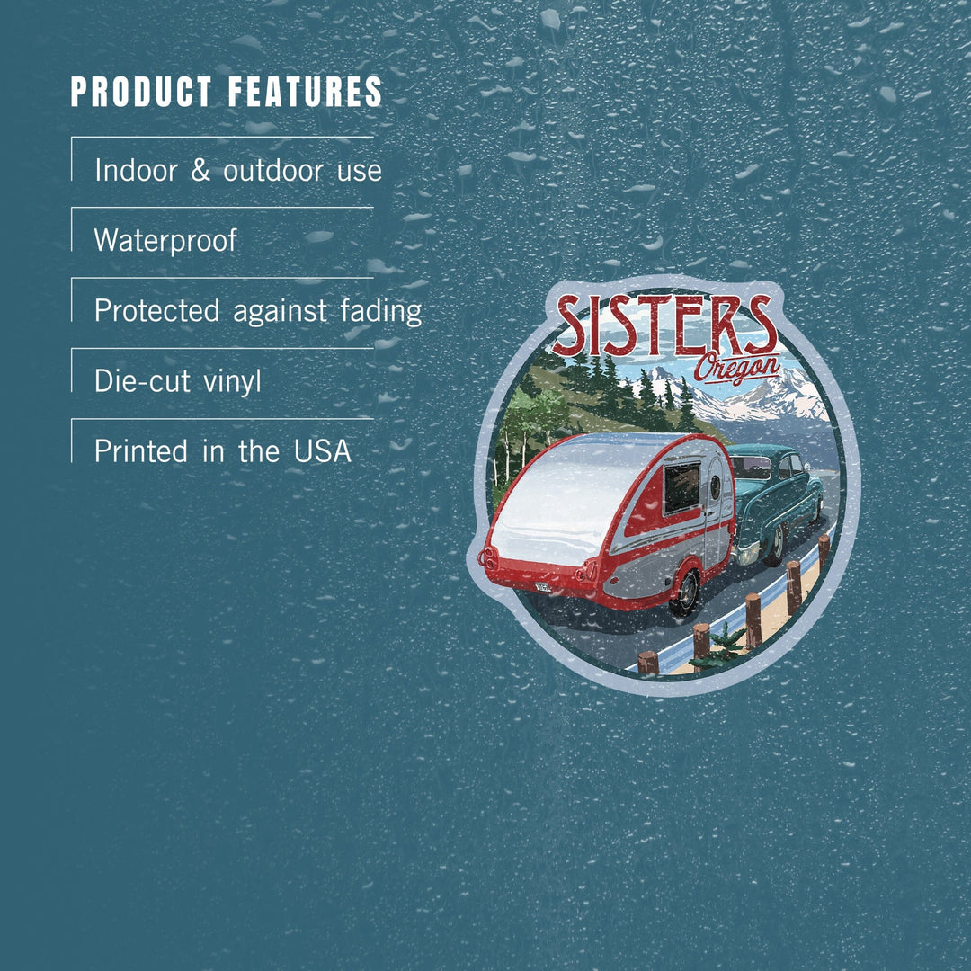 Sisters, Oregon, Retro Camper on Road, Contour, Vinyl Sticker Sticker Lantern Press 