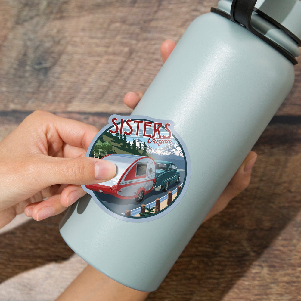 Sisters, Oregon, Retro Camper on Road, Contour, Vinyl Sticker Sticker Lantern Press 