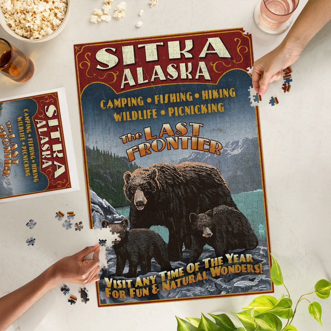 Sitka, Alaska, Black Bear Family Vintage Sign, Jigsaw Puzzle Puzzle Lantern Press 