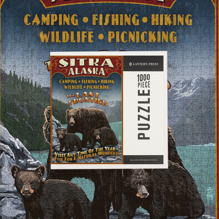 Sitka, Alaska, Black Bear Family Vintage Sign, Jigsaw Puzzle Puzzle Lantern Press 