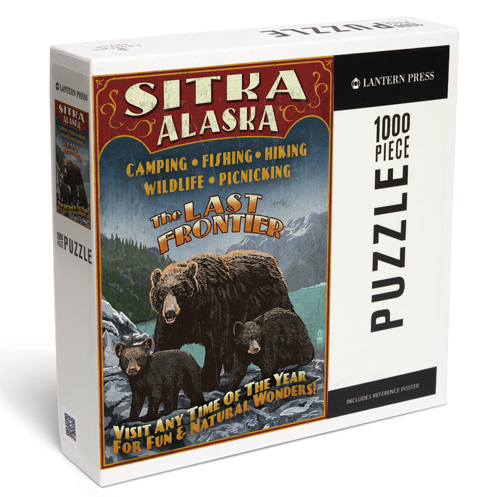Sitka, Alaska, Black Bear Family Vintage Sign, Jigsaw Puzzle Puzzle Lantern Press 