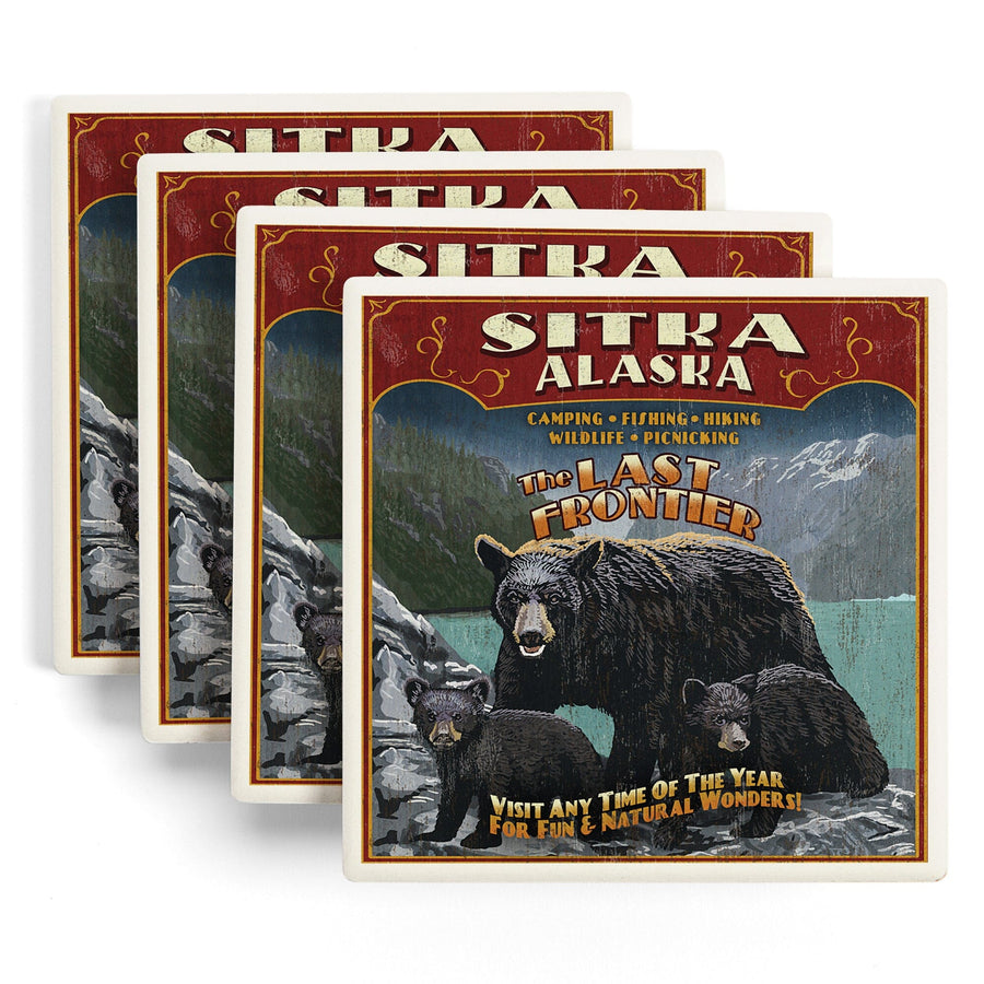 Sitka, Alaska, Black Bear Family Vintage Sign, Lantern Press Poster, Coaster Set Coasters Lantern Press 