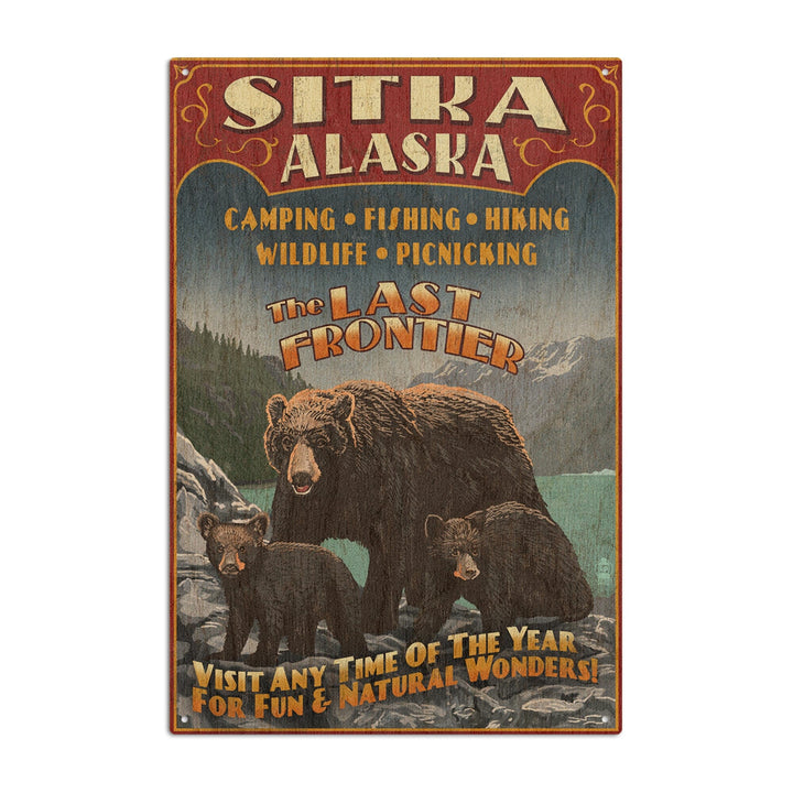 Sitka, Alaska, Black Bear Family Vintage Sign, Lantern Press Poster, Wood Signs and Postcards Wood Lantern Press 10 x 15 Wood Sign 