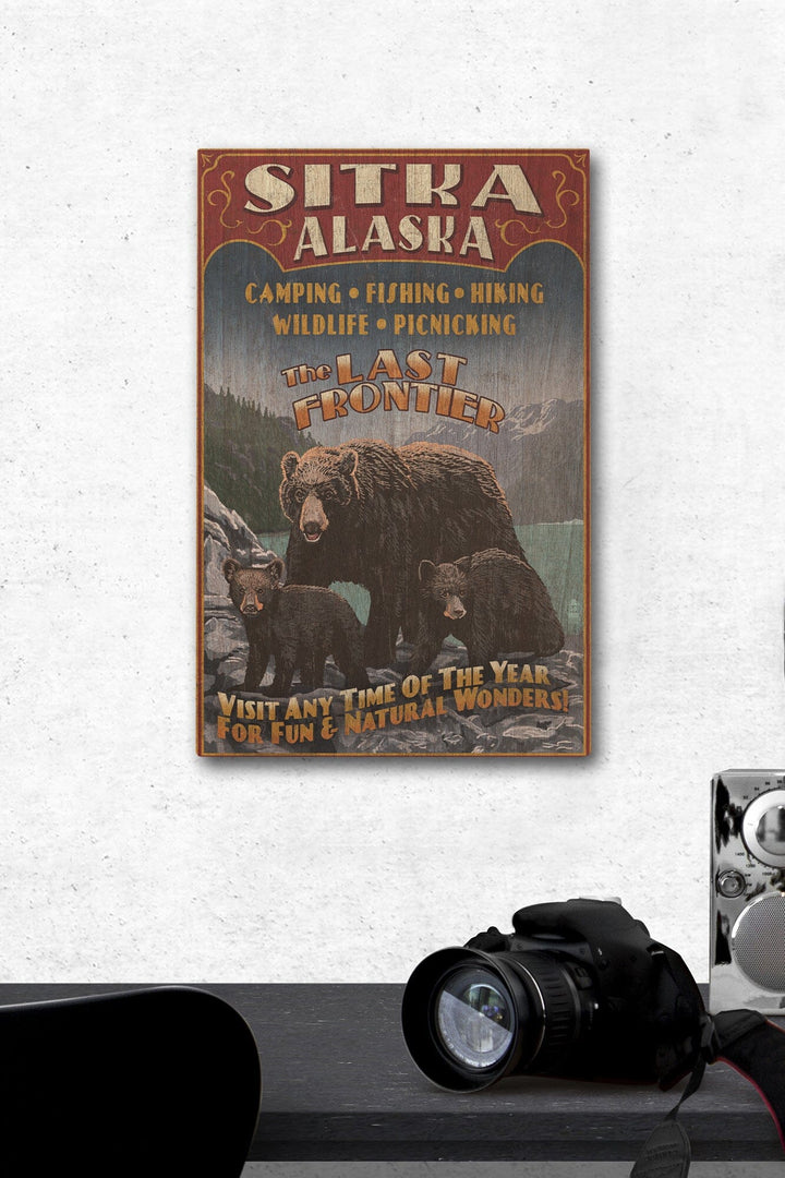 Sitka, Alaska, Black Bear Family Vintage Sign, Lantern Press Poster, Wood Signs and Postcards Wood Lantern Press 12 x 18 Wood Gallery Print 