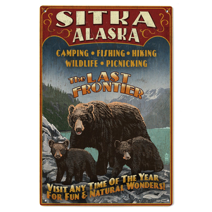 Sitka, Alaska, Black Bear Family Vintage Sign, Lantern Press Poster, Wood Signs and Postcards Wood Lantern Press 
