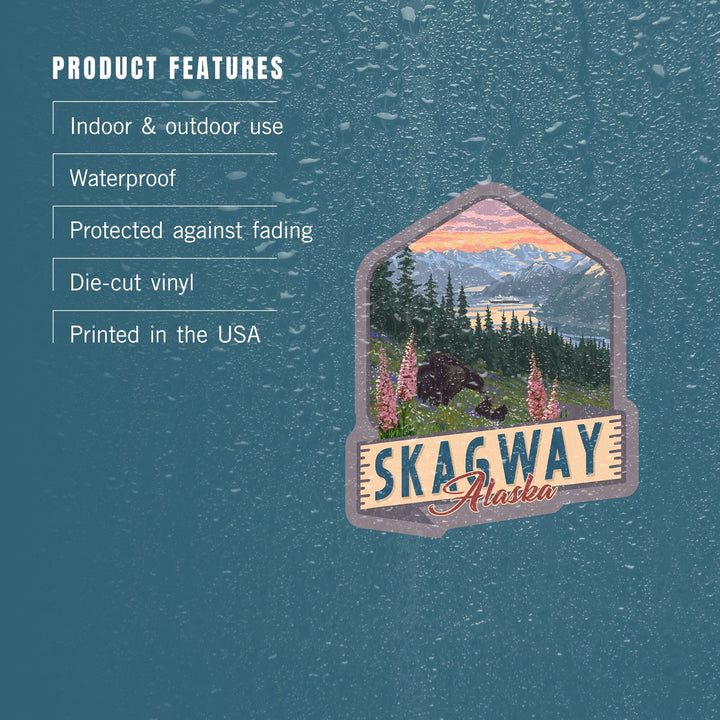Skagway, Alaska, Bear & Spring Flowers, Contour, Lantern Press Artwork, Vinyl Sticker Sticker Lantern Press 