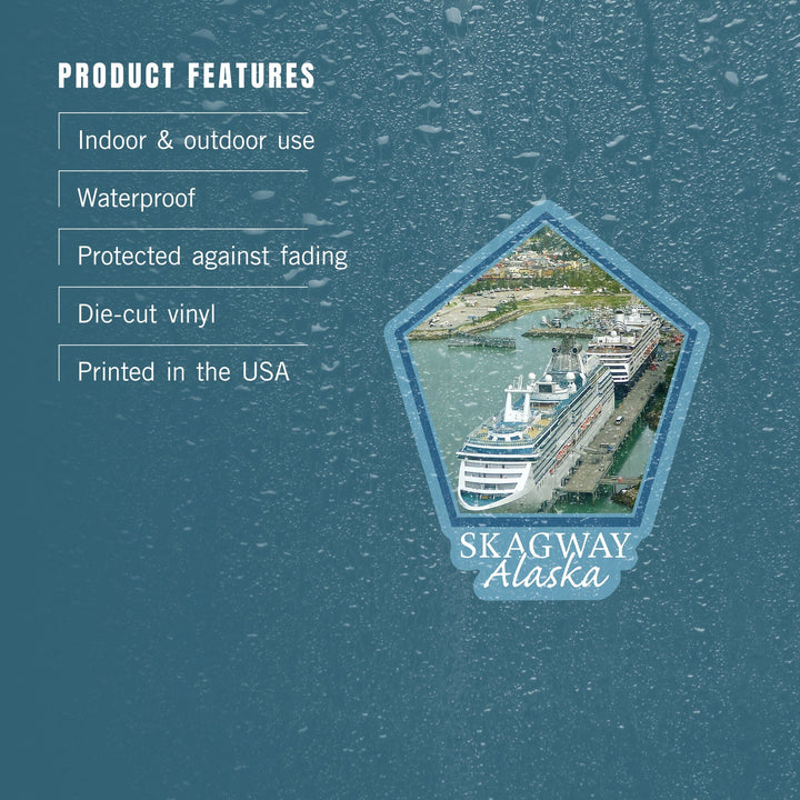 Skagway, Alaska, Cruise Ships and Town, Contour, Vinyl Sticker Sticker Lantern Press 