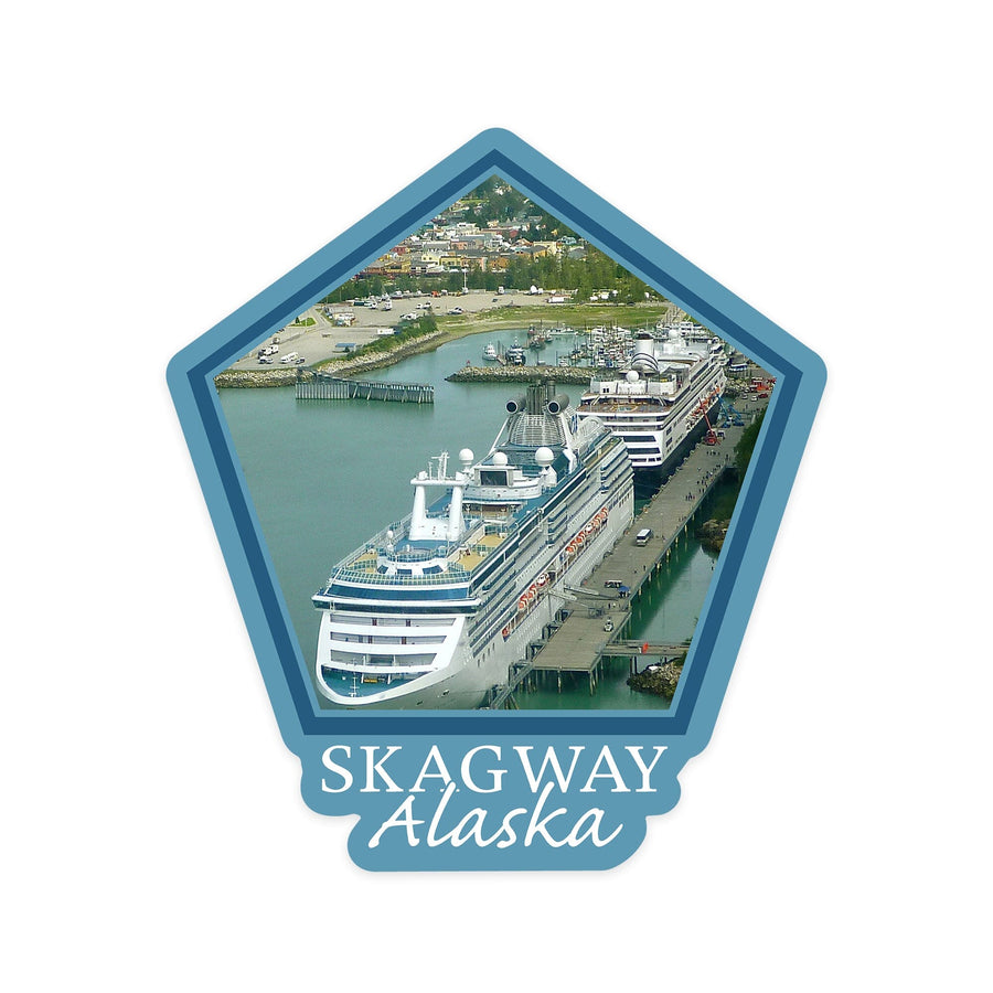 Skagway, Alaska, Cruise Ships and Town, Contour, Vinyl Sticker Sticker Lantern Press 