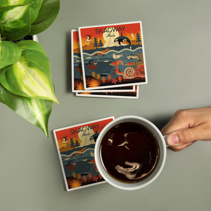 Skagway, Alaska, Geometric, Marine Animals, Coasters Coasters Lantern Press 