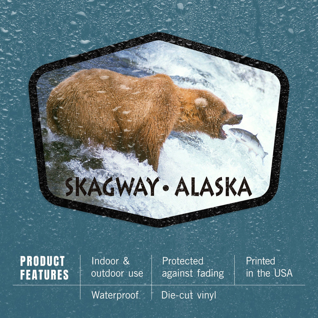 Skagway, Alaska, Grizzly Bear Fishing on Falls, Contour, Vinyl Sticker Sticker Lantern Press 