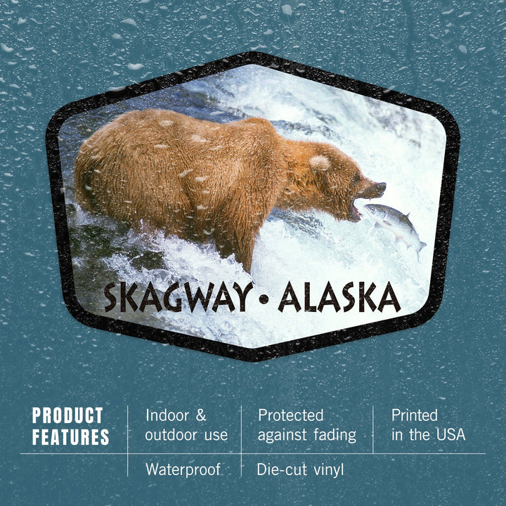 Skagway, Alaska, Grizzly Bear Fishing on Falls, Contour, Vinyl Sticker Sticker Lantern Press 