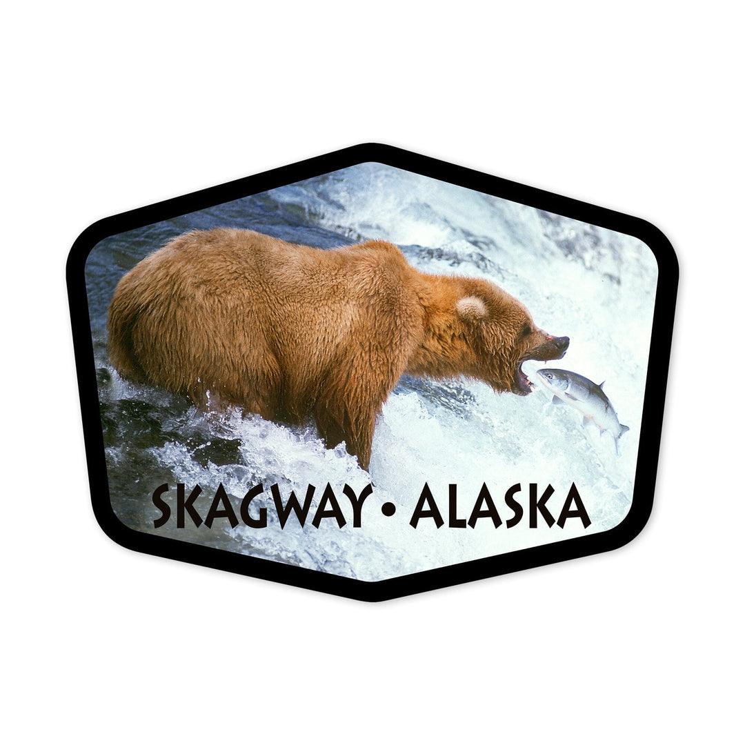 Skagway, Alaska, Grizzly Bear Fishing on Falls, Contour, Vinyl Sticker Sticker Lantern Press 