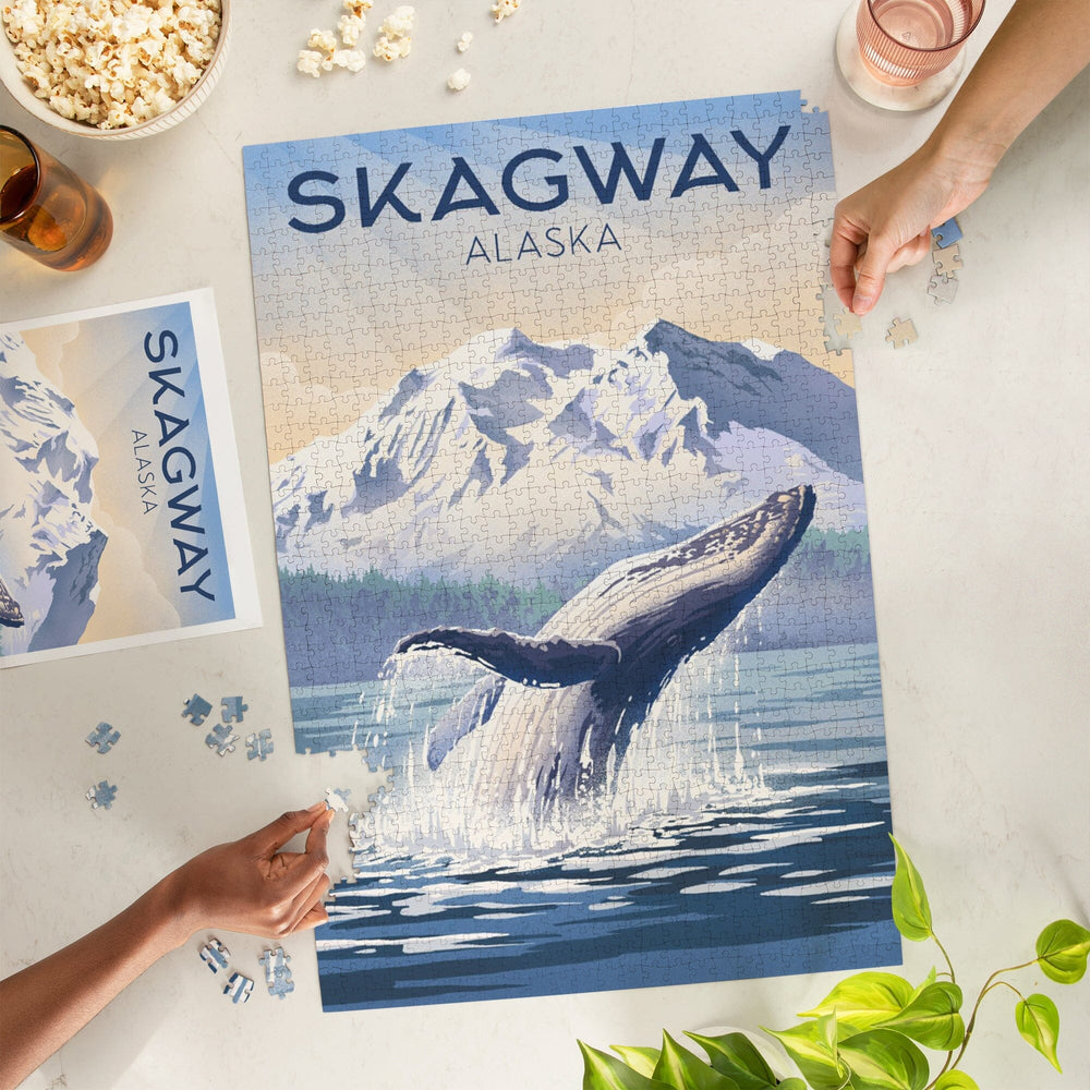 Skagway, Alaska, Lithograph, Breaching Humpback Whale, Jigsaw Puzzle Puzzle Lantern Press 