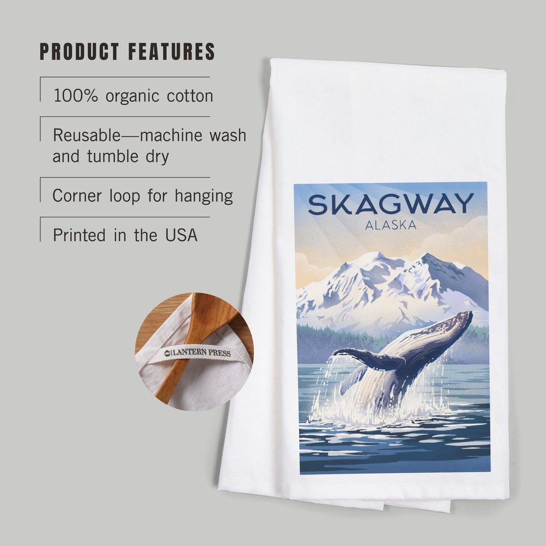 Skagway, Alaska, Lithograph, Breaching Humpback Whale, Organic Cotton Kitchen Tea Towels Kitchen Lantern Press 