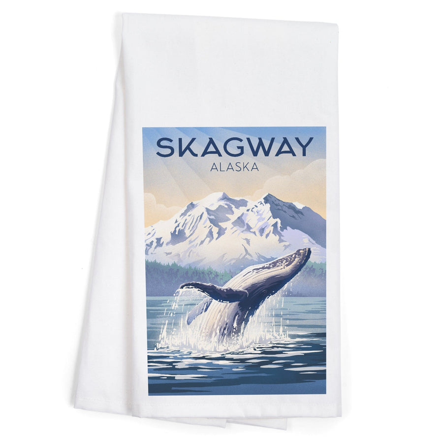 Skagway, Alaska, Lithograph, Breaching Humpback Whale, Organic Cotton Kitchen Tea Towels Kitchen Lantern Press 