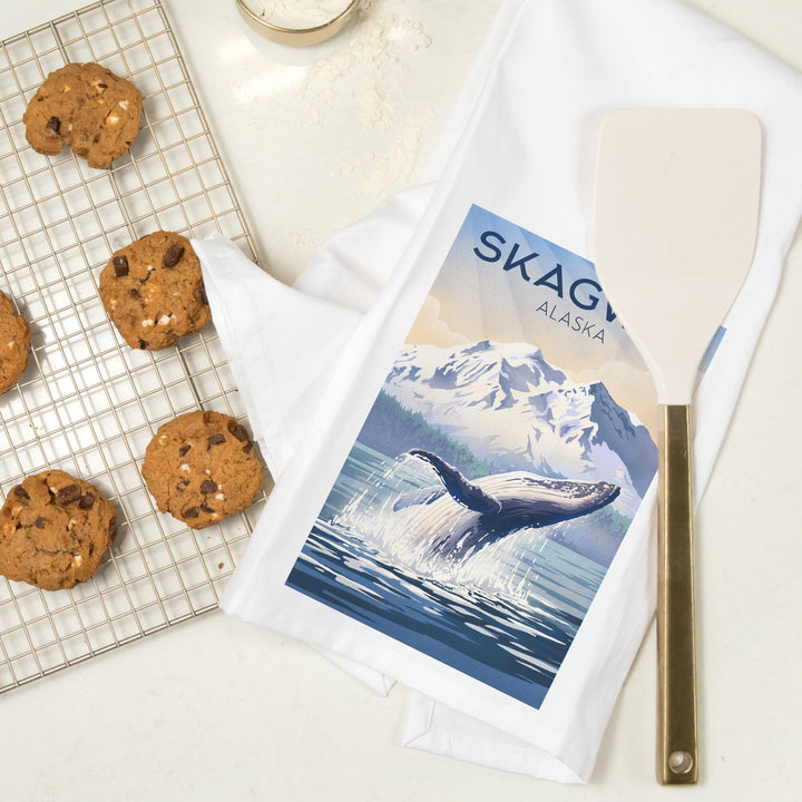 Skagway, Alaska, Lithograph, Breaching Humpback Whale, Organic Cotton Kitchen Tea Towels Kitchen Lantern Press 