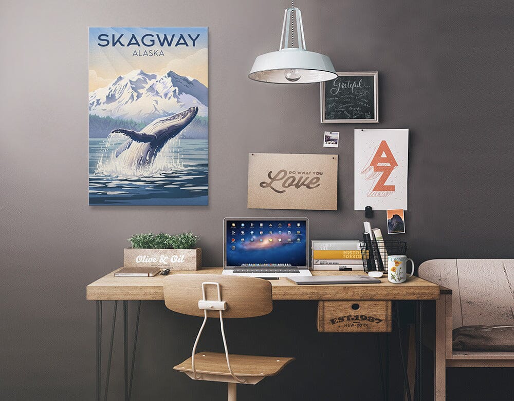 Skagway, Alaska, Lithograph, Breaching Humpback Whale, Stretched Canvas Canvas Lantern Press 