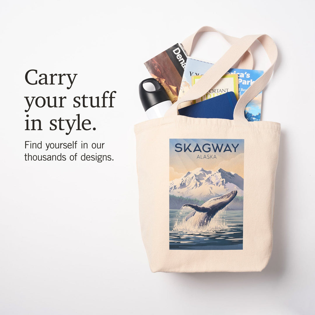 Skagway, Alaska, Lithograph, Breaching Humpback Whale, Tote Bag Totes Lantern Press 