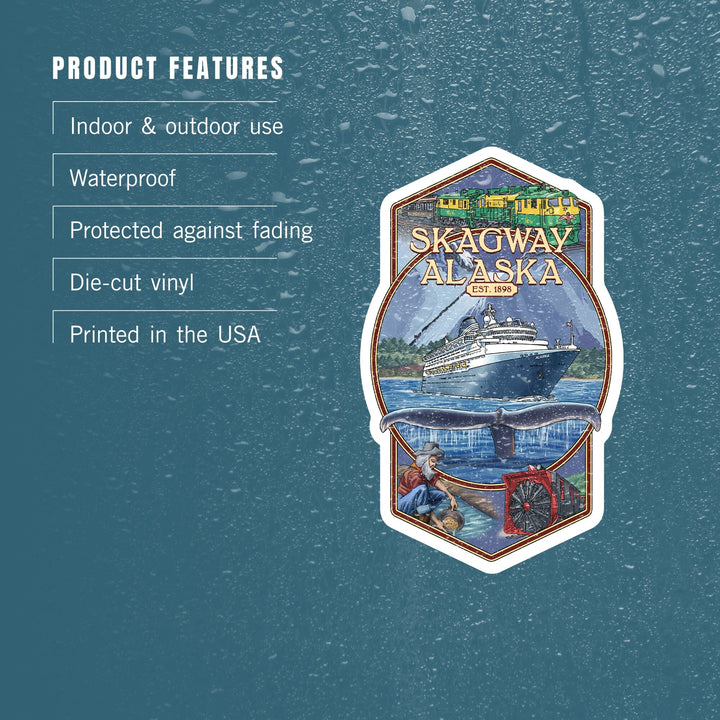 Skagway, Alaska, Montage, Contour, Vinyl Sticker Sticker Lantern Press 