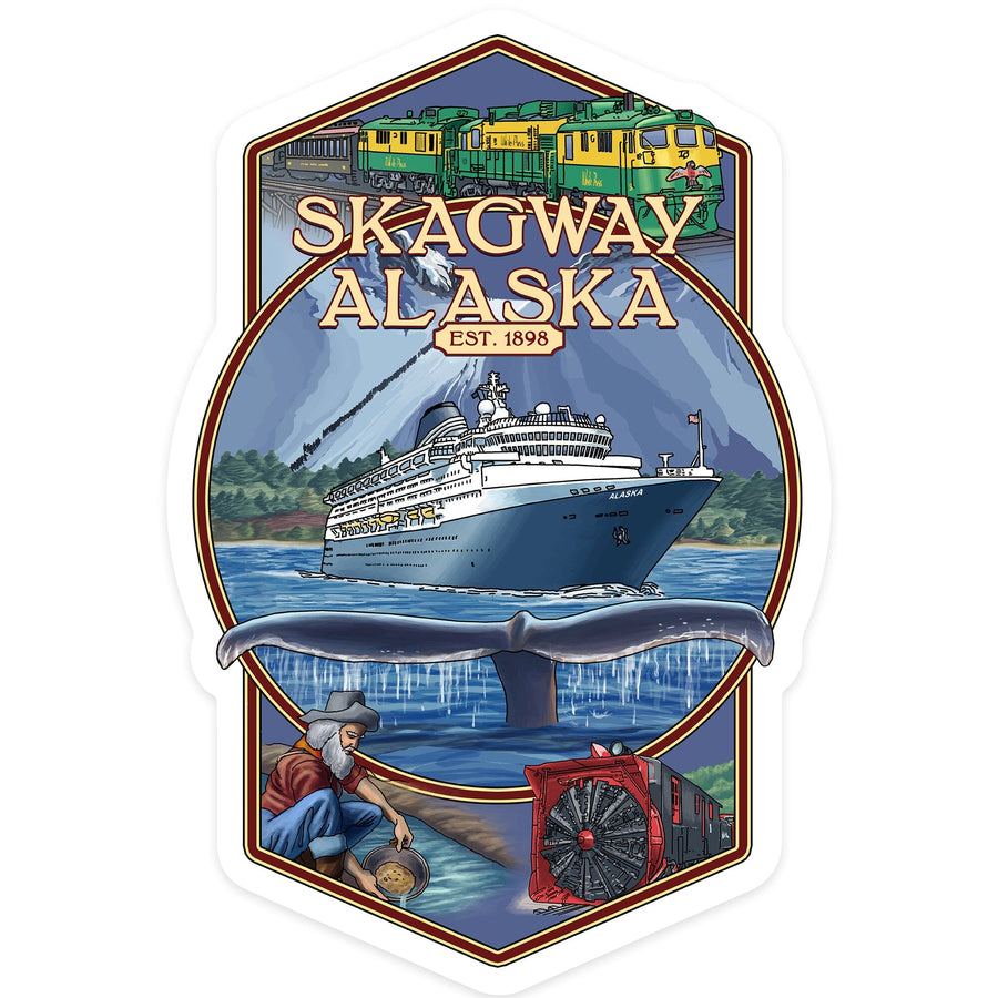 Skagway, Alaska, Montage, Contour, Vinyl Sticker Sticker Lantern Press 