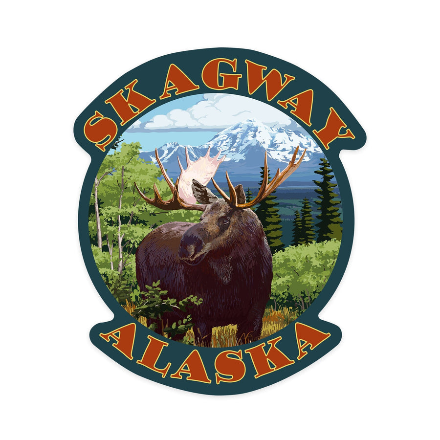 Skagway, Alaska, Moose Scene, Contour, Lantern Press Artwork, Vinyl Sticker Sticker Lantern Press 