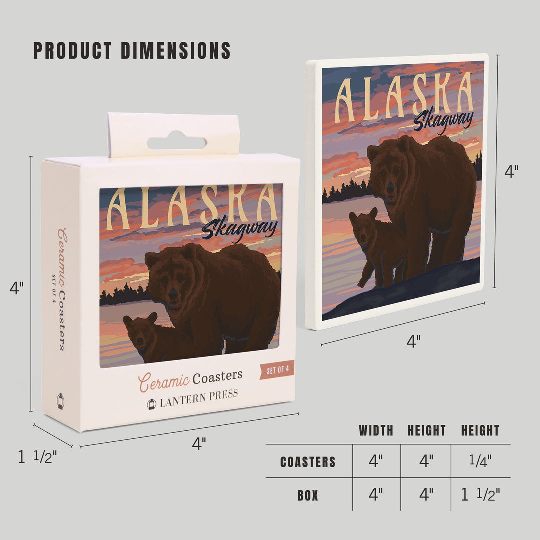 Skagway, Alaska, Painterly, Bear and Cub at Sunset, Coasters Coasters Lantern Press 
