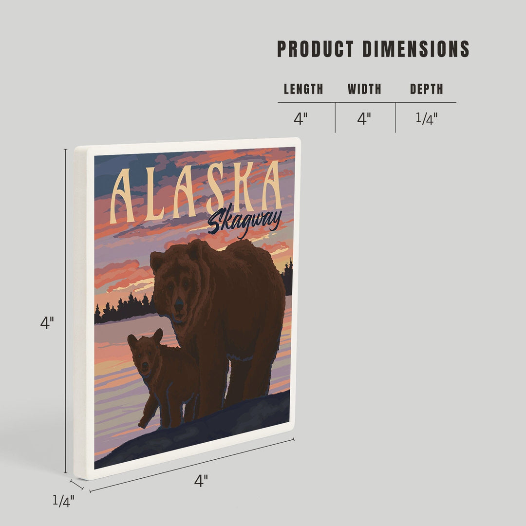 Skagway, Alaska, Painterly, Bear and Cub at Sunset, Coasters Coasters Lantern Press 