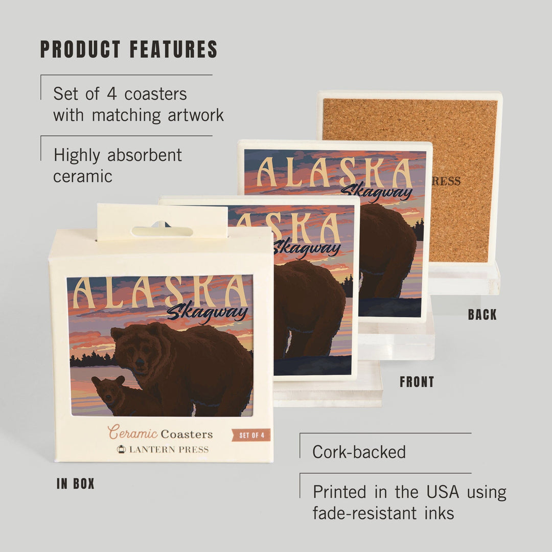 Skagway, Alaska, Painterly, Bear and Cub at Sunset, Coasters Coasters Lantern Press 
