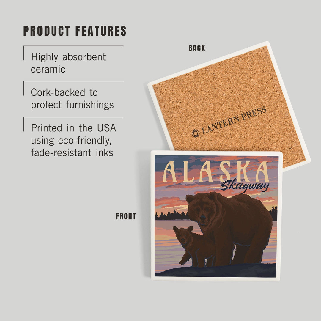 Skagway, Alaska, Painterly, Bear and Cub at Sunset, Coasters Coasters Lantern Press 