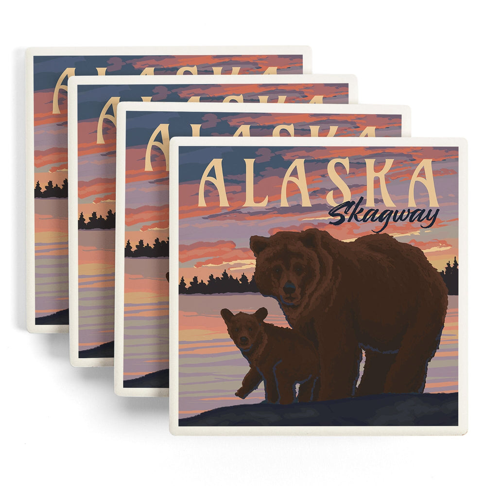 Skagway, Alaska, Painterly, Bear and Cub at Sunset, Coasters Coasters Lantern Press 