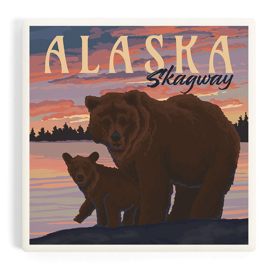 Skagway, Alaska, Painterly, Bear and Cub at Sunset, Coasters Coasters Lantern Press 