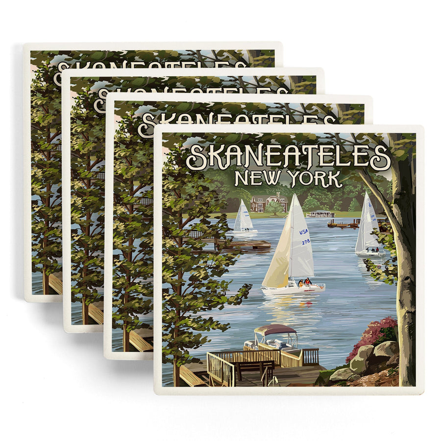 Skaneateles, New York, Lake View with Sailboats, Lantern Press Artwork, Coaster Set Coasters Lantern Press 