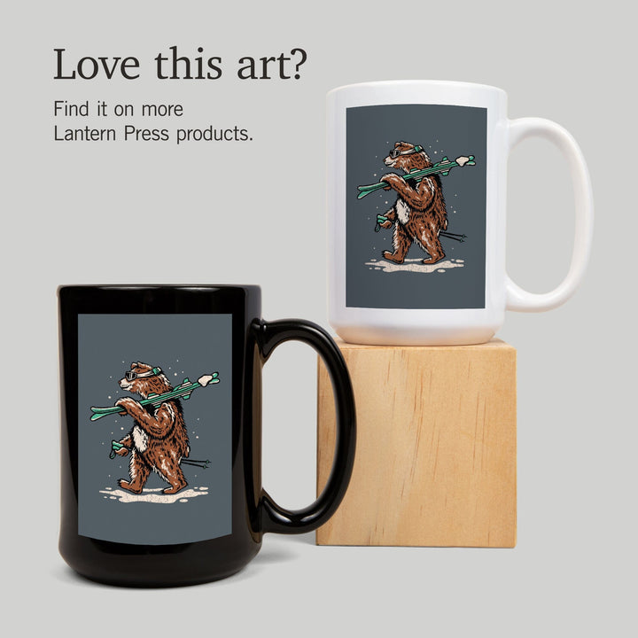 Ski Bear, Distressed Vector, Lantern Press Artwork, Ceramic Mug Mugs Lantern Press 